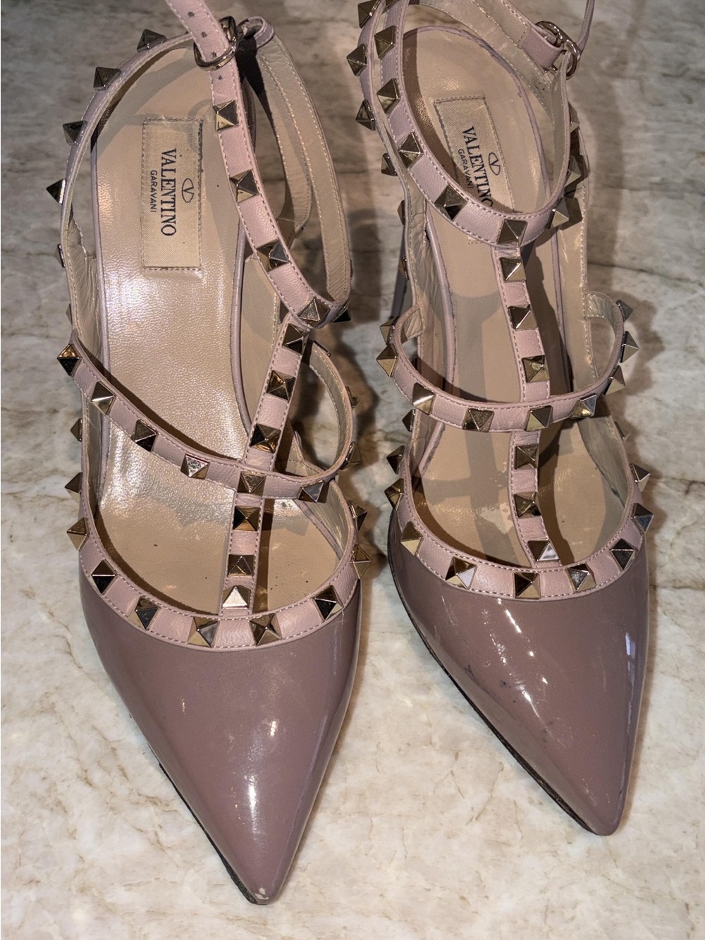 Valentino Pink Patent Leather Rockstud T-Strap Pointed Pumps